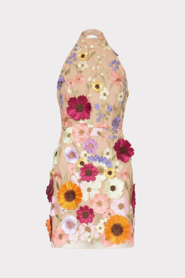 sheer halter neck 3d floral embroidered dress with high-low hem 3-Dimensional Embroidered Floral Sheer Halter Mini Dress SCULPTURA Couture