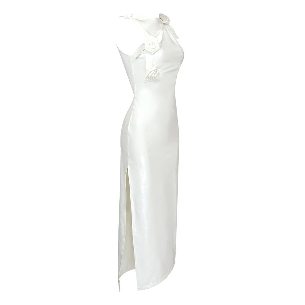 White Glaze Faux Leather Pleated Rose Bow Maxi Dress