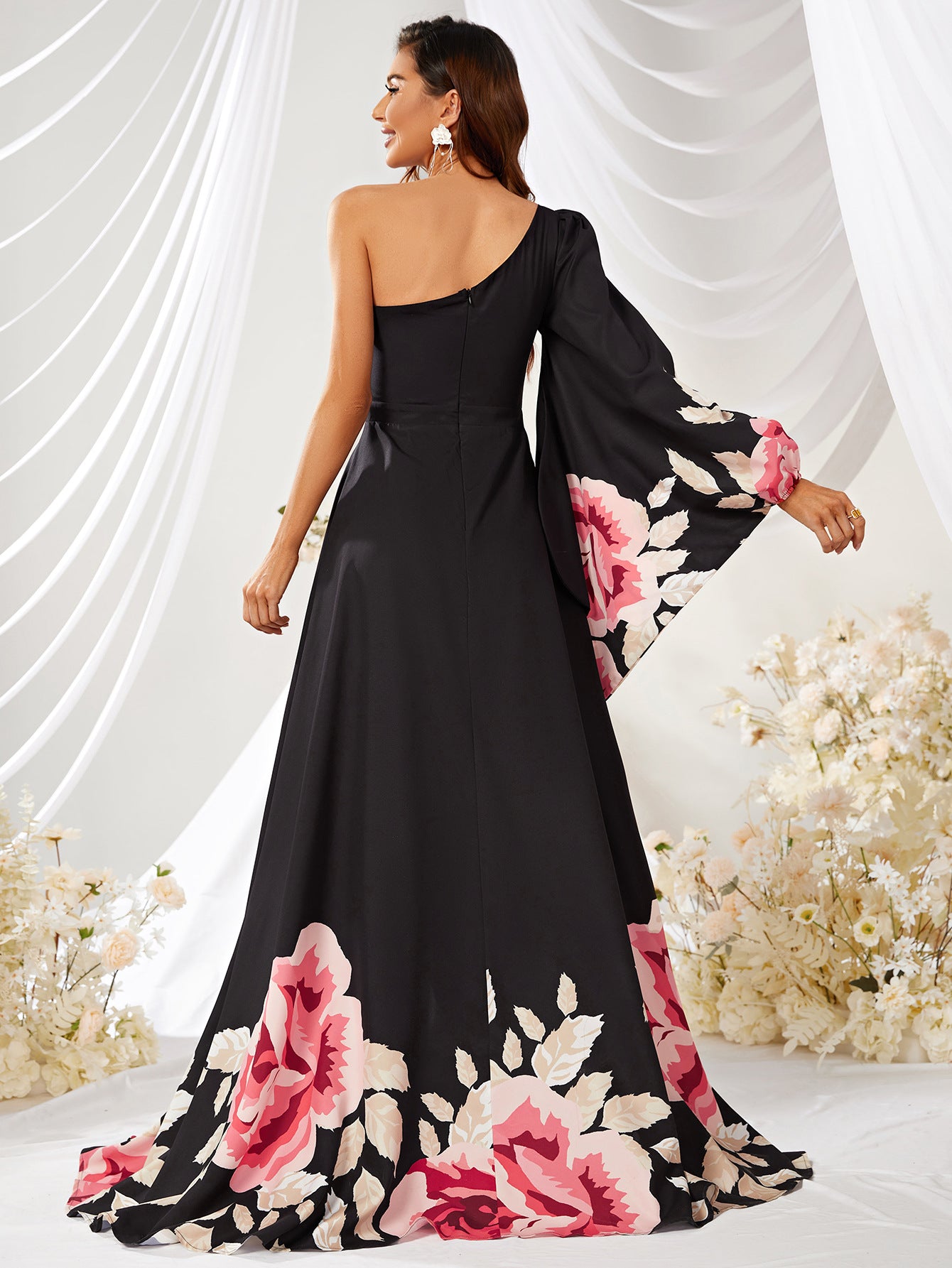 Chiffon Floral Design One Sleeve Sweetheart Neck Swing Long Dress