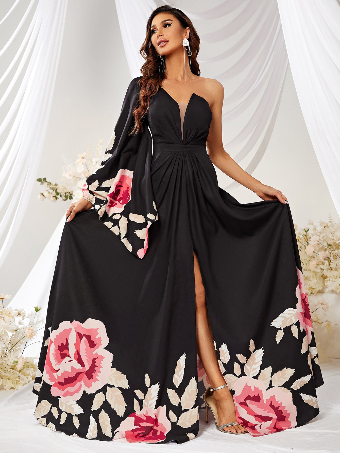 Chiffon Floral Design One Sleeve Sweetheart Neck Swing Long Dress