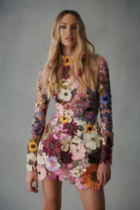 3-Dimensional Embroidered Floral Sheer Sheath Dress