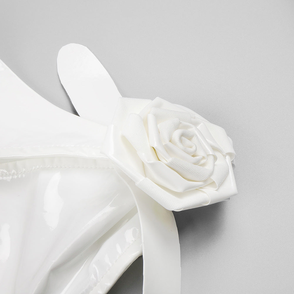 White Glaze Faux Leather Pleated Rose Bow Maxi Dress
