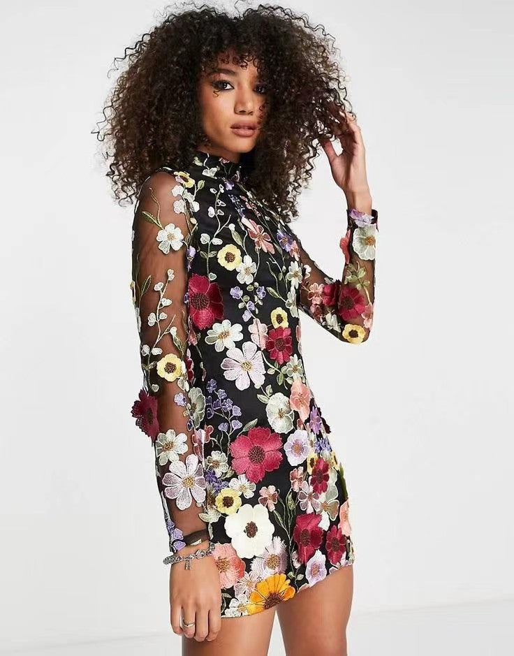 3-Dimensional Embroidered Floral Sheer Sheath Dress