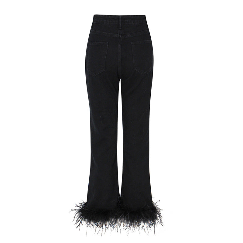 Ostrich Feather Trim Straight Leg High Waist Black Denim Jeans
