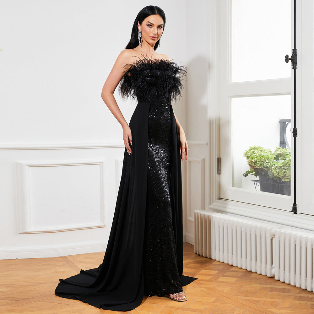 Magnificent Black Sequined Strapless Feather Wrapped Evening Dress