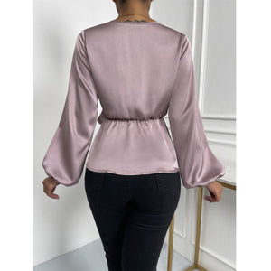 Light Purple Deep V Lantern Sleeve TIe Front Ruffle Blouse