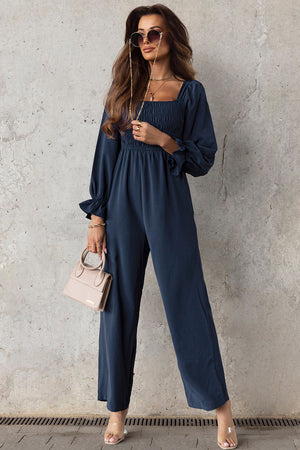 Smocked Long Flounce Sleeve Square Neck Jumpsuit