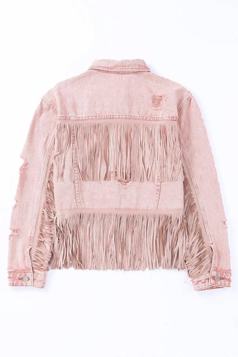 Pink Distressed Fringed Cropped Denim Jacket