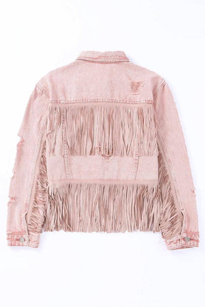 Pink Distressed Fringed Cropped Denim Jacket