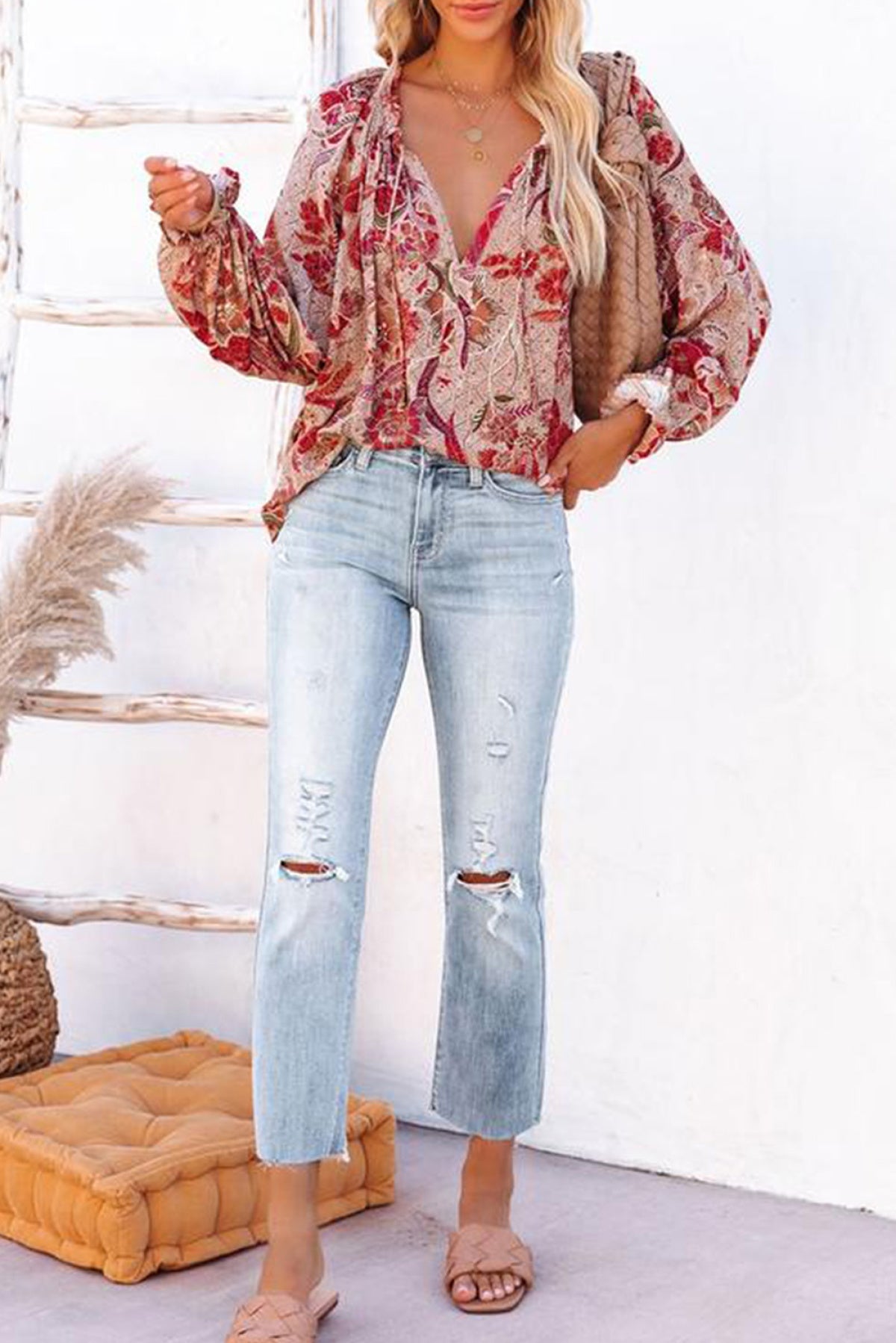 Pink Split V Neck Printed Blouse