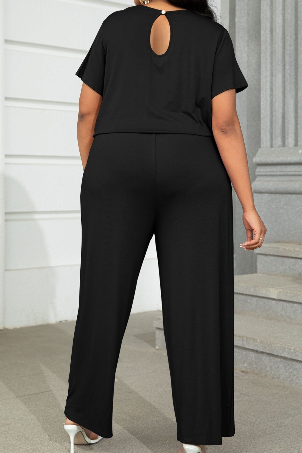 Final Sale Plus Size Short Sleeve Ruched Jumpsuit in Black