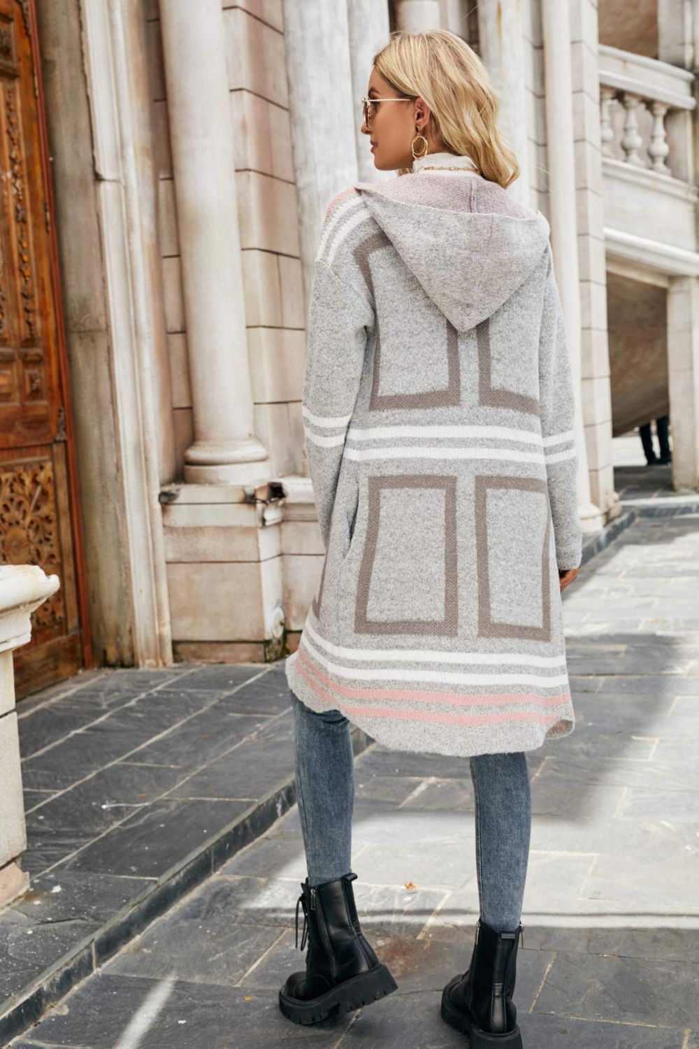 Printed Open Front Hooded Longline Cardigan