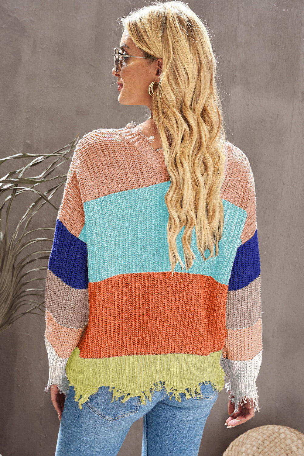 Color Block Distressed V-Neck Ribbed Sweater