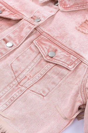 Pink Distressed Fringed Cropped Denim Jacket