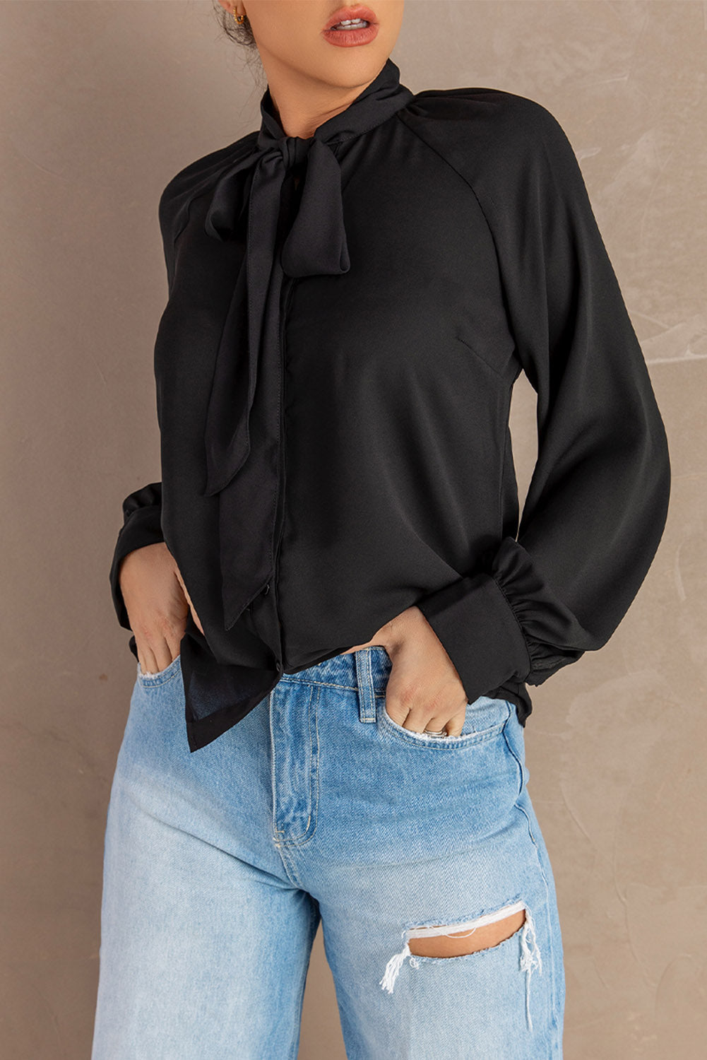 Strappy Cutout Tie Neck Raglan Sleeve Shirt