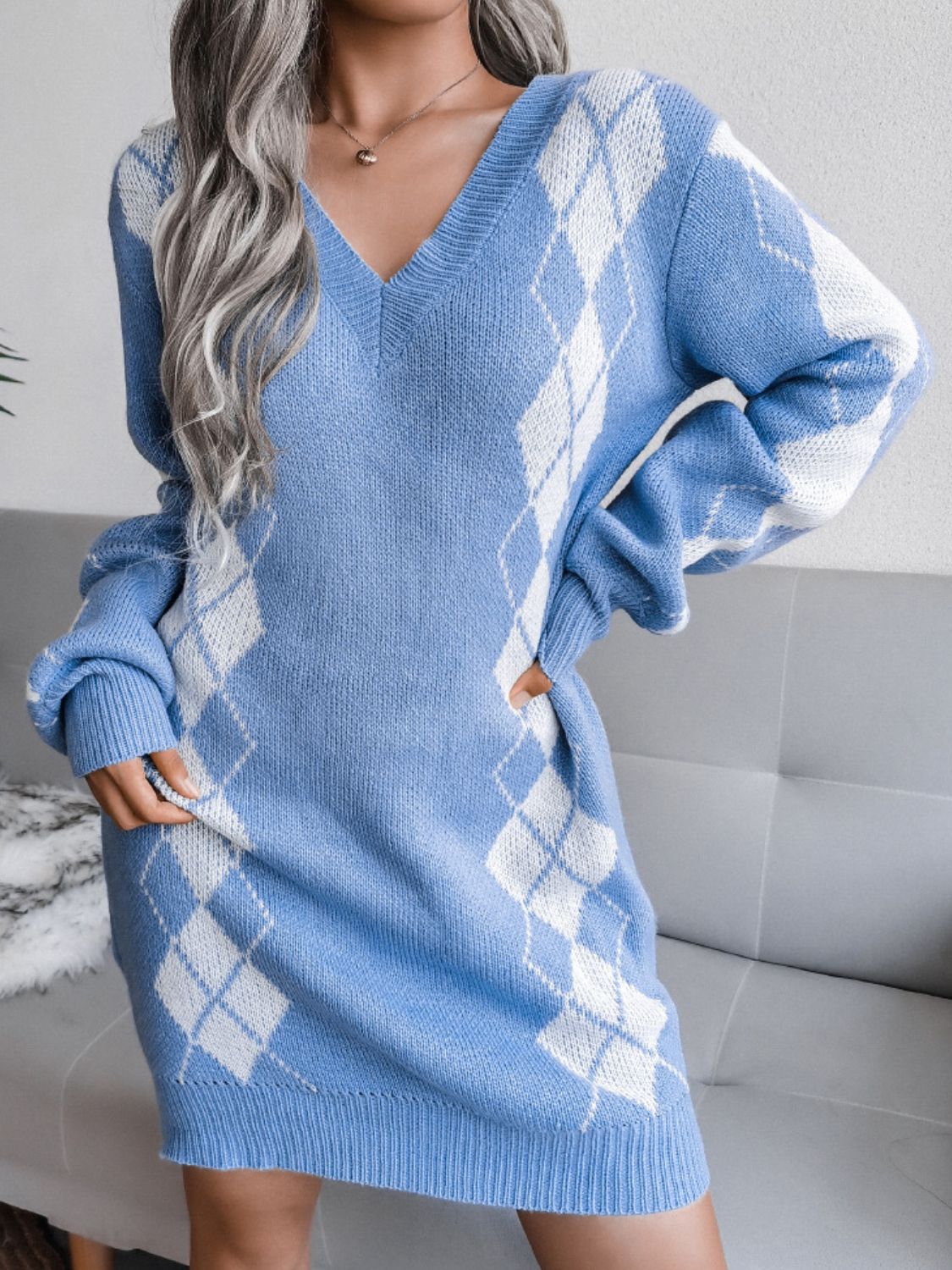 Argyle V-Neck Ribbed Trim Sweater Dress