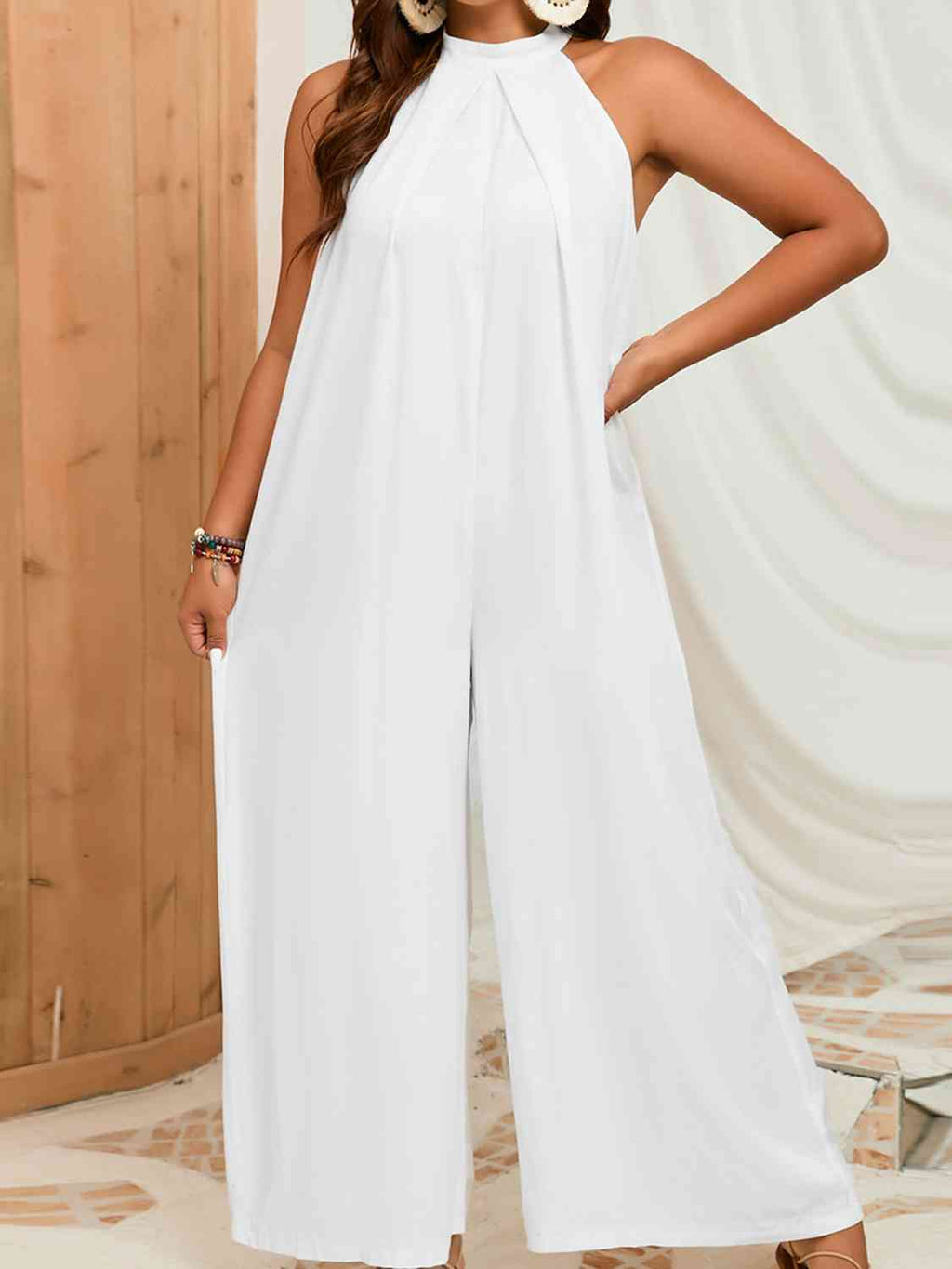 Curvy Girl Sleeveless Halter Neck Wide Leg Jumpsuit