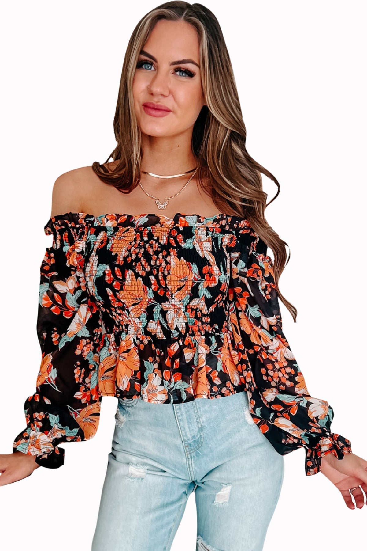 Black Off The Shoulder Smocked Floral Top