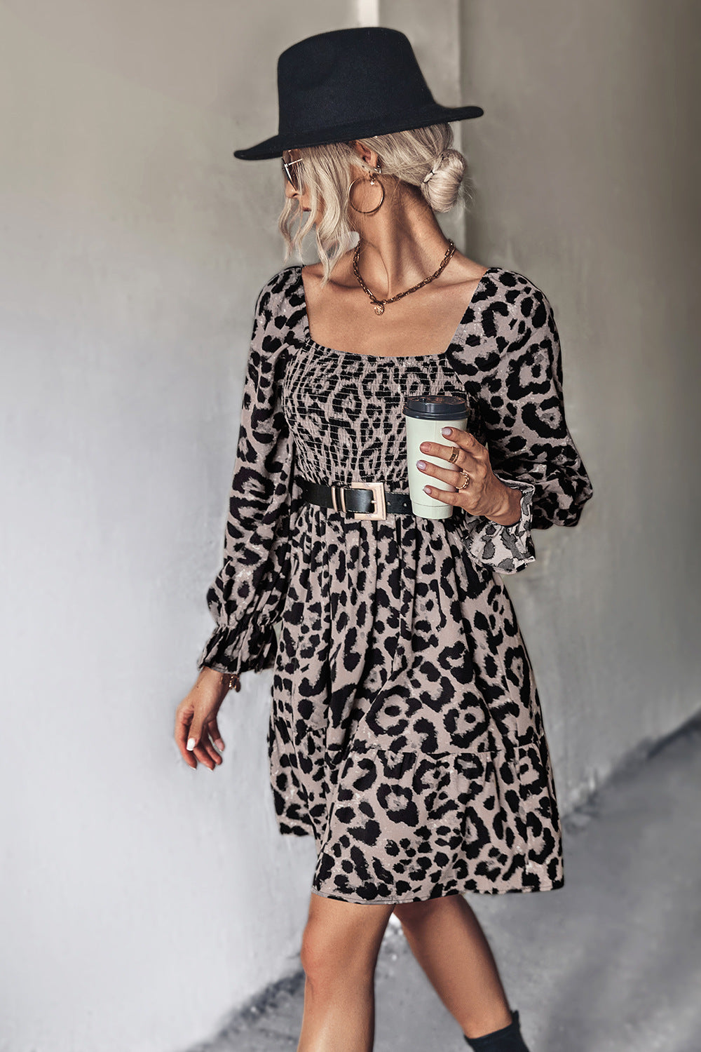 Leopard Smocked Flounce Sleeve Tiered Dress