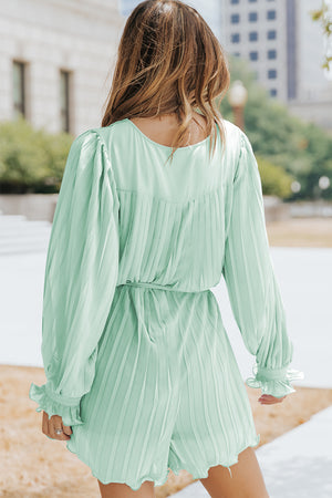 Pleated Button Front Flounce Sleeve Romper