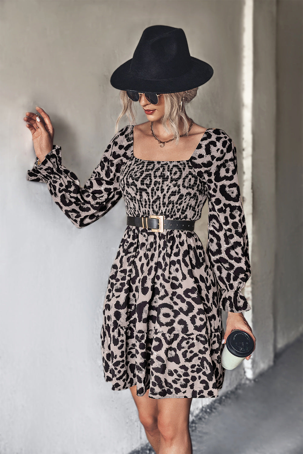 Leopard Smocked Flounce Sleeve Tiered Dress