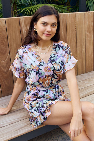 Floral Tie Belt Ruffled Romper